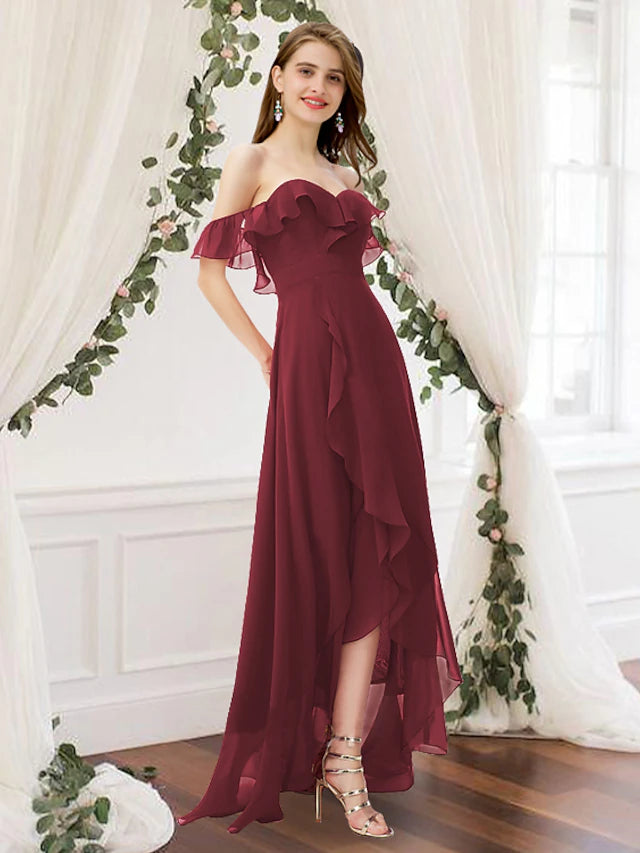 Luolandi A-Line Bridesmaid Dress Off Shoulder Sleeveless Elegant Floor Length Chiffon with Pleats / Ruffles